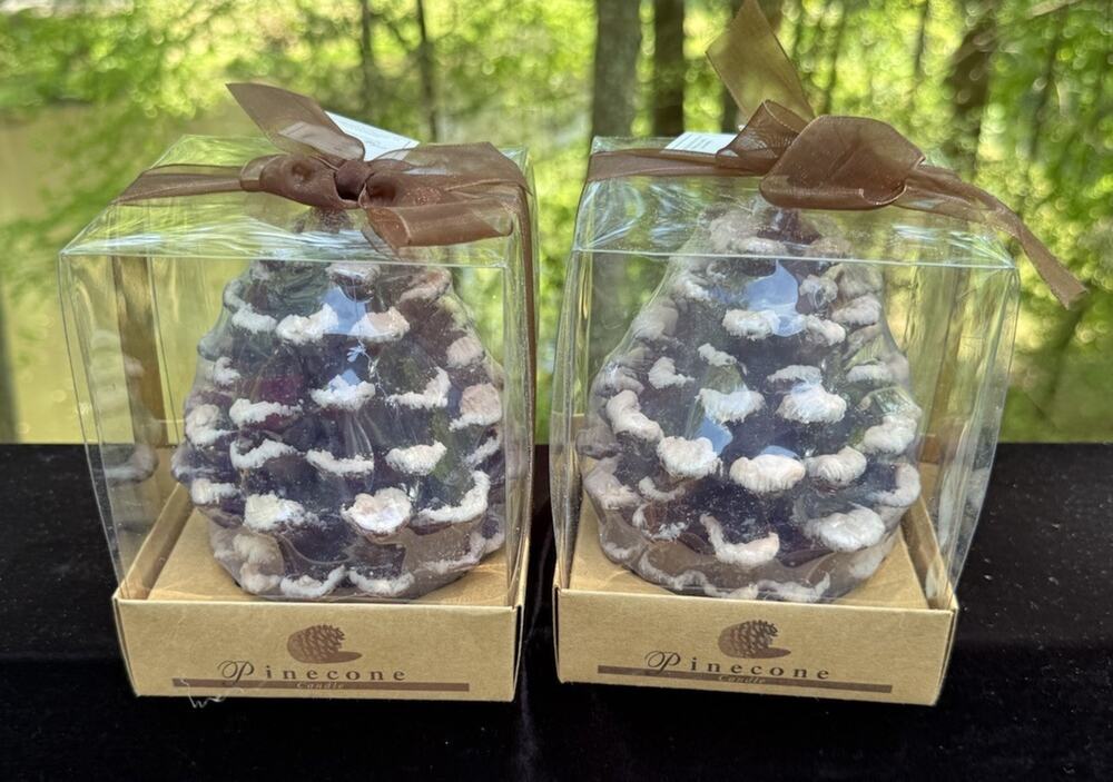 2 Snow tipped Pinecone shaped Candles fall winter Royal Crate & Barrel -46D